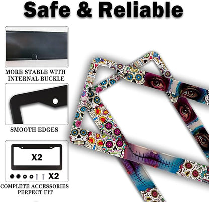 License Plate Frames for Women Multicolor Plate Cover for Men Sugar Skull Universal Aluminum Car Accessory 2 Pack with Screw Covers Set