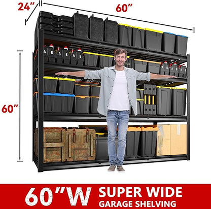 REIBII 60" W Garage Shelving Heavy Duty 2500LBS Storage Shelves 4-Tier Garage Shelves, Adjustable Metal Shelving for Warehouse, Pantry, Kitchen, Commercial, 60" W*60" H*24" D, 2 Pack
