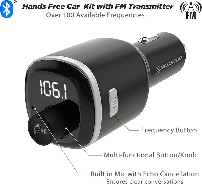 Scosche BTFM4 BTFREQ Universal Bluetooth Handsfree Car Kit with FM Transmitter and Dual USB Ports, Black