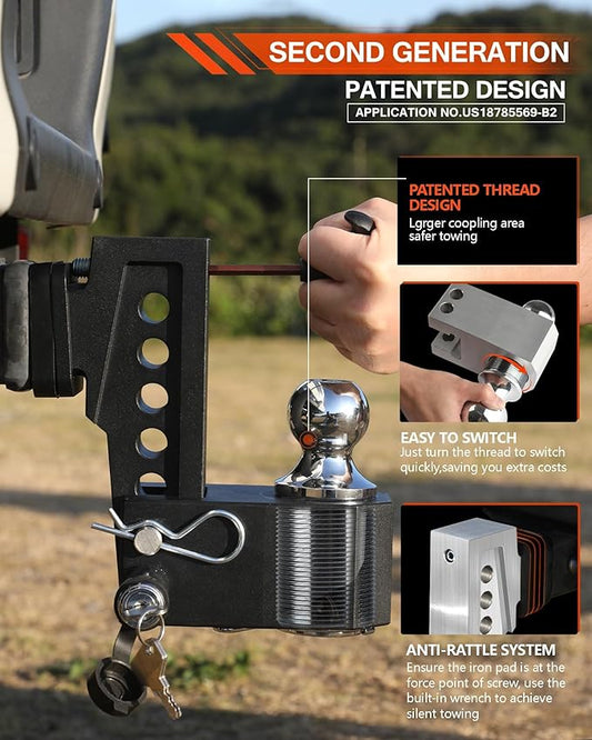 Adjustable Trailer Hitch (Fits 2-Inch Receiver) - Aluminum Tow Hitch with 6-Inch Drop/Rise for Truck (12,500 LBS GTW) - Double Anti-Theft Locking Hitch Pins (Black, 2.0inch-6Drop-Tri Ball)