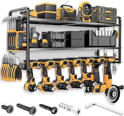 LBT Power Tool Organizer Wall Mount - 3 Layer Heavy Duty Tool Storage Rack with 7 Cordless Drill Holders, Loads 160Lbs Utility Rack for Garage, Workshop, Shed - Cool Gifts for Men, Dad, Husband