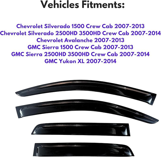 KPY Window Visor Compatible with 2007-2013 Chevy Silverado Avalanche & GMC Sierra 1500, Rain Guard Vent Deflector for 2007-2014 Silverado/Sierra 2500HD/3500HD/Yukon XL, 2009 2010 2011 2012 (Crew Cab)