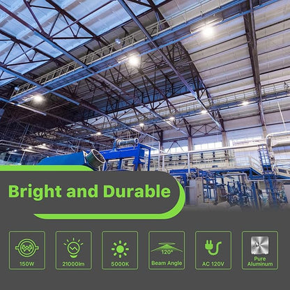 LED High Bay Light 150W, 21000lm 5000K UFO Led High Bay Light(600W MH/HPS Equiv.), Commercial Bay Lighting with 5ft Cable US Plug for Garage Shop Barn Warehouse