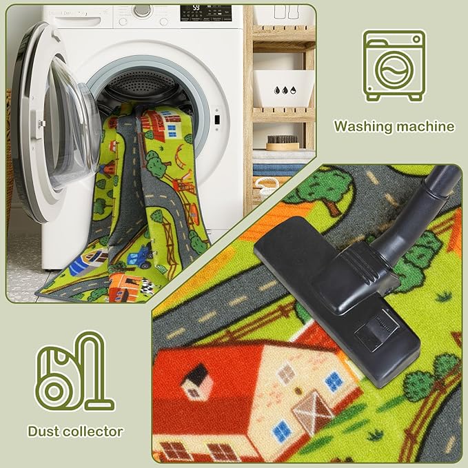 STARUIA Washable Kids Carpet Playmat Rug for Boys Room, 79"x39" Large Toddler Car Rug for Kids Toy Cars, Fun Learning Farm Play Mat Road Rugs for Kids Room Bedroom Playroom