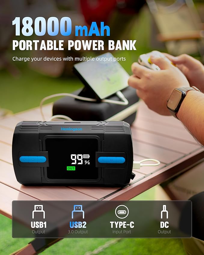 Jump Starter with Air Compressor, 3000A 160PSI Car Battery Jump Starter for 9.0L Gas & 8.0L Diesel Engines, 12V Portable Car Jumper with LCD Display & 4-Mode LED Flashlight