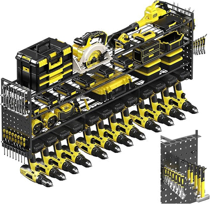 Power Tool Organizer Wall Mount, 49" Heavy Duty 4-Tier Garage Storage Shelf with 12 Drills Holder, Pegboard Side Panels,4 Long Hooks, Large Tool Battery Holder Metal Tool Shelf Rack