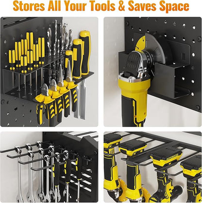 Tomorotec Wall-Mounted Power Tool Storage Rack for Drill, Toolbox & Accessories, Heavy-Duty Steel Organizer with Side Hooks and Adjustable Shelves, Easy Installation Garage & Workshop Storage (Black)