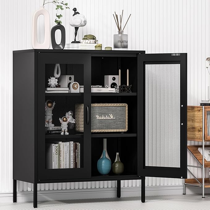 Metal Storage Cabinet with Mesh Doors and Shelves,Multipurpose Storage Rack, 3-Tier Office Cabinet,Metal Locker Style Accent for Home Office,Living Room,Kitchen (Black-mesh, 40''H)