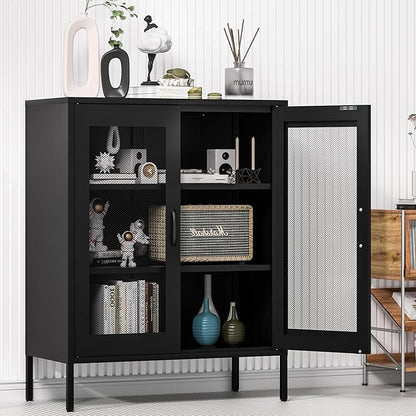 Metal Storage Cabinet with Mesh Doors and Shelves,Multipurpose Storage Rack, 3-Tier Office Cabinet,Metal Locker Style Accent for Home Office,Living Room,Kitchen (Black-mesh, 40''H)