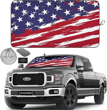 Autoamerics Truck Windshield Sun Shade with Storage Pouch & Anti-Slip Dash Pad - Foldable USA Art Flag-2 Design - Fits Most SUVs & Trucks - Blocks UV Rays and Keeps Car Cool | X-Large (66 x 36 inches)