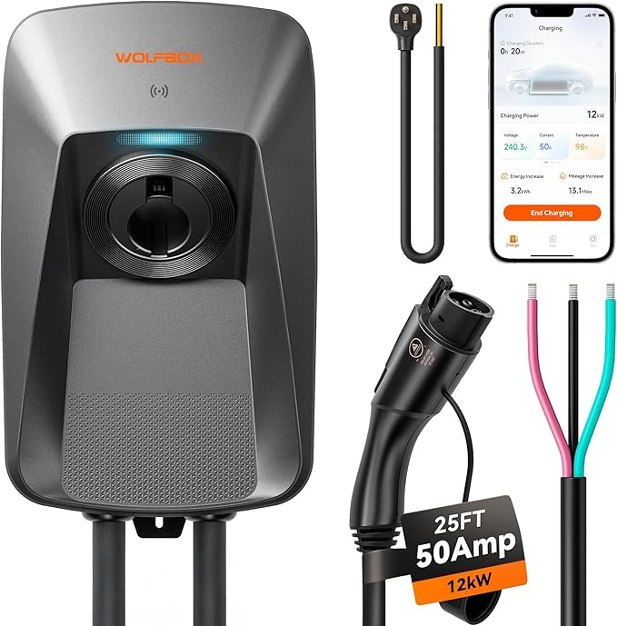 WOLFBOX Level 2 ev Charger 50 Amp J1772,Hardwired ev Charger Level 2 with NEMA 14-50 Plug 25ft Cable,Smart APP&RFID Card Control,240V Electric Vehicle Charging Station for Electric Automobile(WE50)