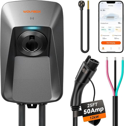 WOLFBOX Level 2 ev Charger 50 Amp J1772,Hardwired ev Charger Level 2 with NEMA 14-50 Plug 25ft Cable,Smart APP&RFID Card Control,240V Electric Vehicle Charging Station for Electric Automobile(WE50)