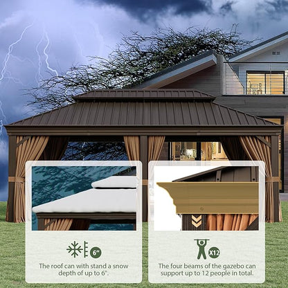 Aoxun 12' X 20' Permanent Hardtop Gazebo Aluminum Gazebo with Galvanized Steel Double Roof for Patio Lawn and Garden, Curtains and Netting Included, Brown