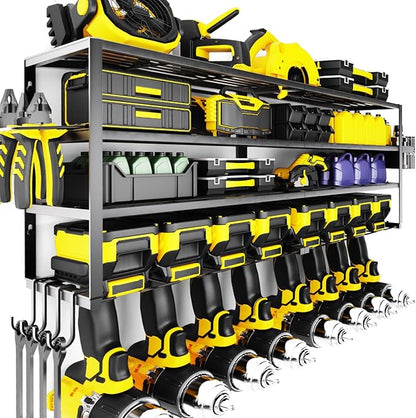 Large Power Tool Organizer Wall Mount for Fathers Dad, 4 Layers Heavy Duty Metal Garage Organization Loads 360lbs with 8 Cordless Drill Holder, Power Tool Shelf for Garage Workshop, Utility Racks