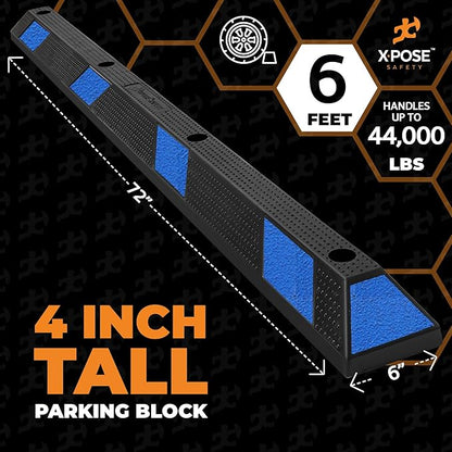 Xpose Safety 72" Heavy Duty Rubber Parking Stopper – 6 Pack Wheel Blocks for Garage, Driveway, or Ramp – Car Bumper Stop with Blue Reflective Strips – Removable Floor Mount