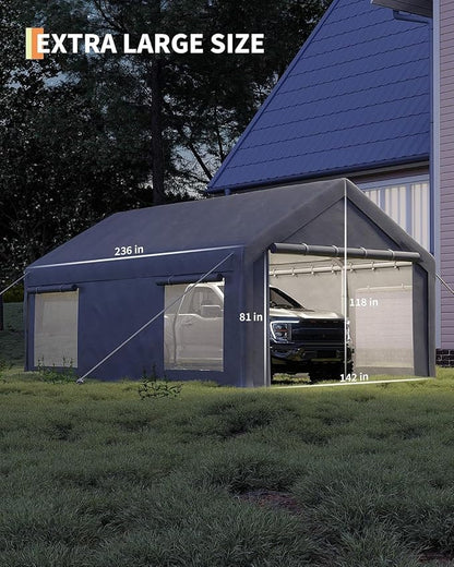 12 x 20ft Heavy-Duty Carport Canopy with Roll-Up Windows & DoorsThickened Wind Ropes, Ground Nails, Portable Car Tent Garage for Cars, Trucks, Boats, 180G Durable Tarp Cover,Grey