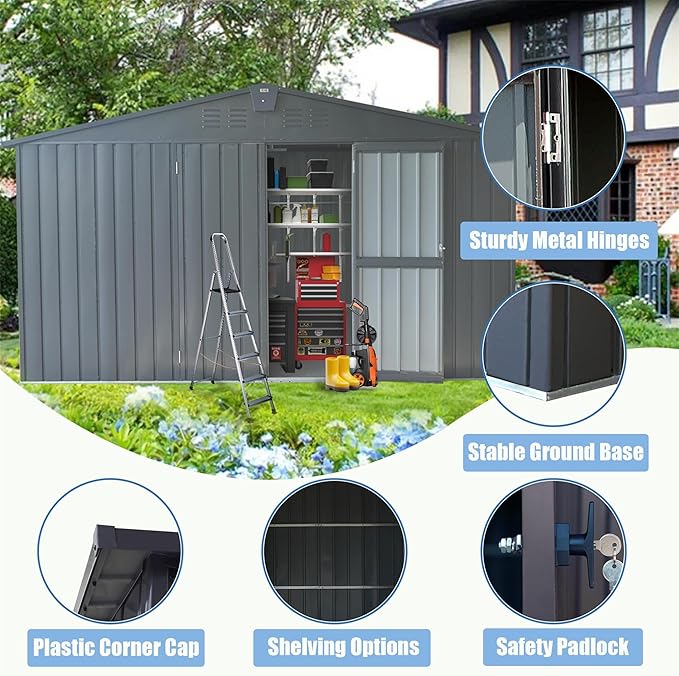 IKERY Extra - Large Galvanized Steel Storage Shed - 11' x 12.5' with Windows and Lock, Garden and Utility Tool Shed for Backyard and Patio, Dark Gray