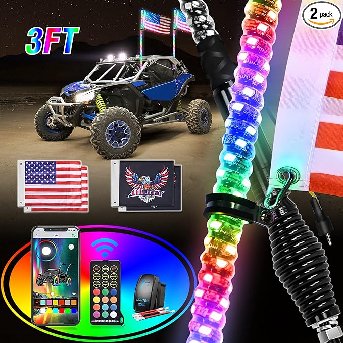 Nilight 2PCS 3FT RGB LED Whip Light with Spring Base Remote App Control w/DIY Chasing Patterns Turn Signal & Brake Lights for ATV UTV Polaris RZR Can-am Dune Buggy Jeep
