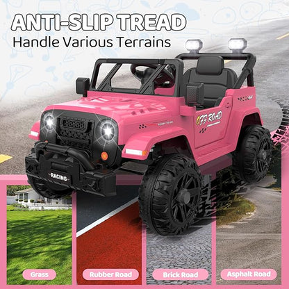 12V Ride On Truck Car with Remote Control, Kids Electric Vehicles with Bluetooth Music, Horn, 3 Speeds, 4 LED Lights, Soft Start, Ride-on Toy for Toddler Boys & Girls (Pink)