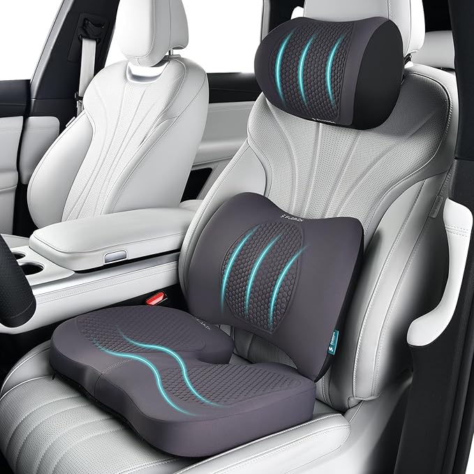 FLORICH 3 PCS Seat Cushion for Carseat Lumbar Support Pillow Car Neck Headrest Pillows Memory Foam Seat Pads Pressure Relief Back Cushion for Office Chair(Grey)