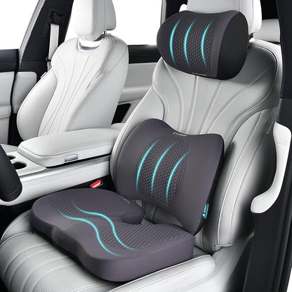 FLORICH 3 PCS Seat Cushion for Carseat Lumbar Support Pillow Car Neck Headrest Pillows Memory Foam Seat Pads Pressure Relief Back Cushion for Office Chair(Grey)
