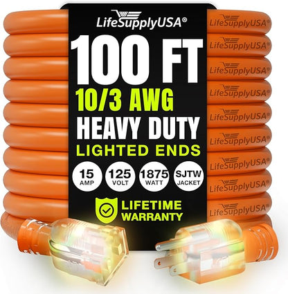 100ft Outdoor/Indoor Extension Cord 10/3 Gauge Ultra Heavy Duty 3 Prong SJTW, Waterproof, Flexible Cold-Resistant Long Power Cord,15A 125V 1875W, Orange by LifeSupplyUSA