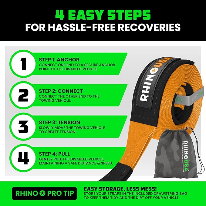Rhino USA Recovery Tow Strap (4"x30') - 40,320lb Break Strength - Emergency Recovery Strap Tow Rope for Diesel Trucks, Backhoe, Excavators & More - Heavy Duty Towing Strap for Offroad 4x4 Use (Orange)
