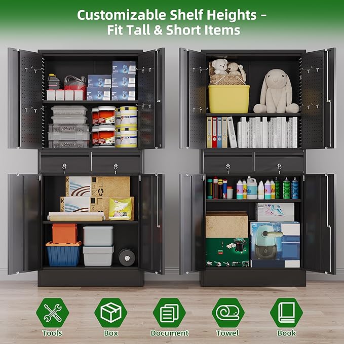 71" Metal Garage Storage Cabinet with 8 Hooks and Pegboards,2 Drawer Tool Storage with Locking Doors and Adjustable Shelves,Heavy Duty Steel Tool Cabinet for Garage, Warehouse