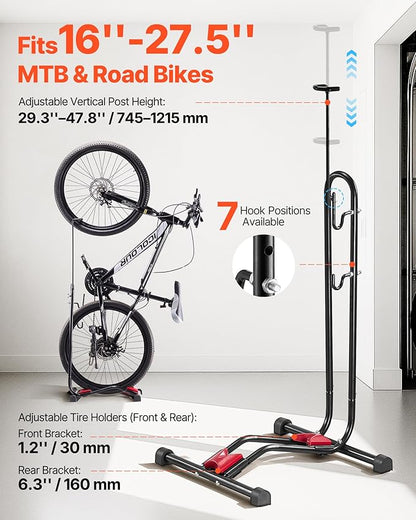 VEVOR Bike Rack, Upright Bike Stand Floor for 16 to 27.5 Inch Mountain & Road Bikes, Vertical & Horizontal Bicycle Stand for Secure Parking and Storage in Garage, Truck Bed, Indoor, Outdoor, Black