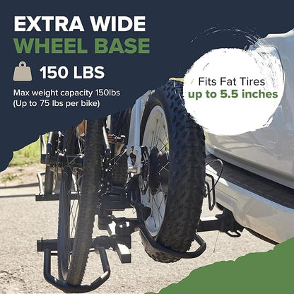 Arksen Hitch Mounted Smart Tilting 2-Bike Rack Platform Style 2" Foldable Carrier for Standard, Fat Tire, and Electric Bicycles -150 lbs Heavy Weight Capacity
