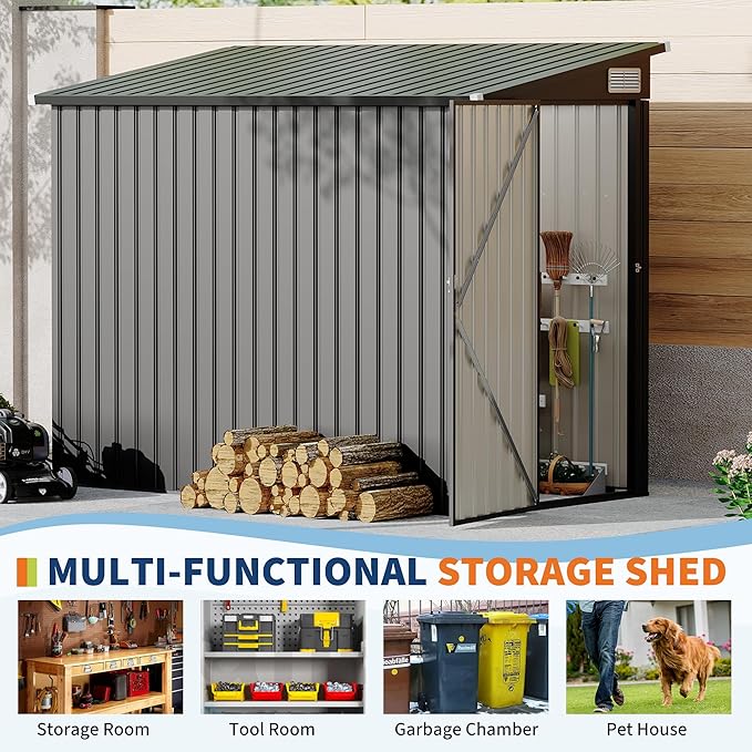 4x8 FT Metal Outdoor Lean to Storage Shed, Lean to Garden Shed Utility Tool Shed, Heavy-Duty Outdoor Metal Wall Side Storage Sheds