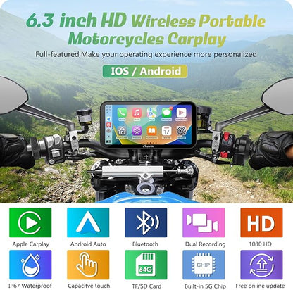 Carpuride W603D Motorcycle GPS Carplay Screen, Wireless CarPlay & Android Auto for Moto, with HD 1080P Dual Cameras, Remote Control，6.3" Waterproof Touchscreen, BT Aduio, Loop Recording, Navigation