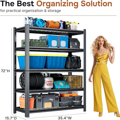 3000LBS Wire Shelving Unit, 5 Tier Adjustable Metal Storage Shelves for Kitchen Pantry Office Steel Organizer Wire Rack for Narrow Space College Dorm School, 15.7" D x 35.4" W x 72" H, Black