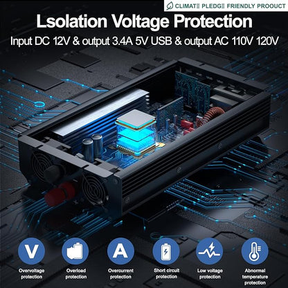 3000W Power Inverter,Peak Power 6000W 12V DC to AC 110V120V,Remote Control with 2AC Outlets and 2.4USB Port,LCD Display for Power Converter,Outdoor Activities,Emergency,Vehicles Truck RV Solar System