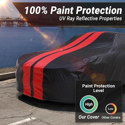 iCarCover Custom Car Cover Compatible with Camaro 1974-1981, Waterproof All Weather Rain Snow UV Sun Protector Full Exterior Indoor Outdoor Car Covers, Stripe (Black/Red)