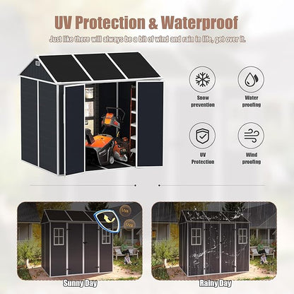 MyVoice 8x7 FT Outdoor Resin Storage Shed with HD Window, Rustproof Waterproof Garden Tool Shed, 12mm Thickened PP Panels, Large Capacity Outdoor Utility House for Backyard Patio (with Floor)