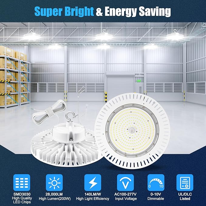 200W High Bay LED Light AC100-277V 29,000LM(150Lm/w) UFO Lighting 0-10V Dimmable 5000K Daylight IP65 UL Listed 6ft Cable Low Bay Led Lights for Warehouse Factory Gym Commercial Applications