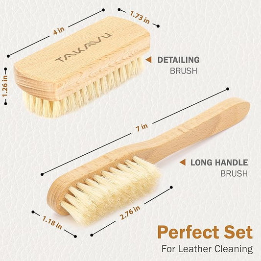 TAKAVU Leather & Upholstery Cleaning Brush Set, Pure White Boar Hair Bristle, to Clean Car Seats, Leather Sofas, for Alcantara, Interiors, Furniture, Boots, Shoes, Bags and More