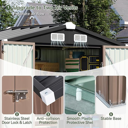 Aoxun 6x3.9 FT Shed with Base Metal Outdoor Storage Shed Garden Shed with Lockable Doors Tool Shed Bike Shed for Backyard, Patio, Poolside (Brown)