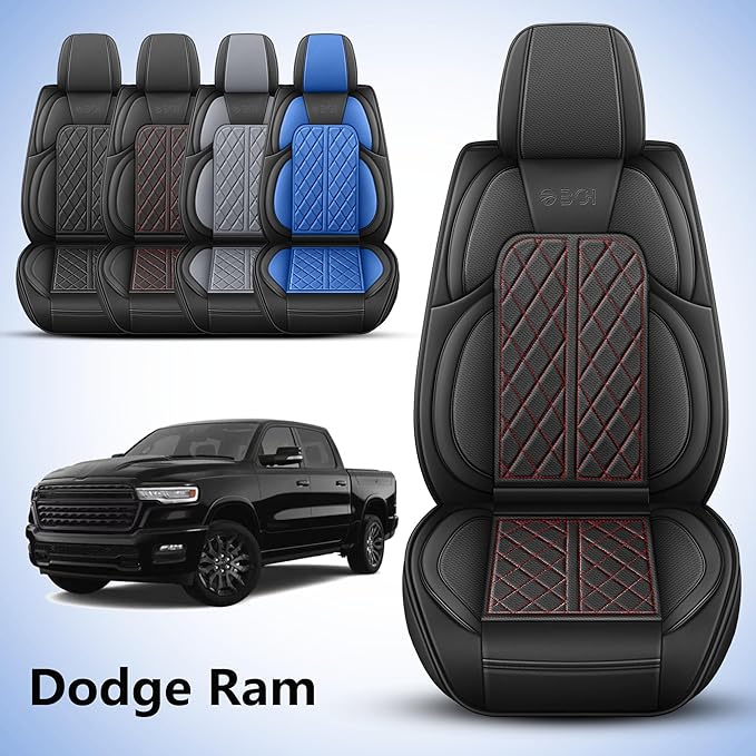 Car Seat Cover Custom Fit for Dodge Ram 1500 2500 3500 2002-2025 Faux Leather Seat Cover Set Compatible with Crew Quad Regular Cab Pickup Truck Cushions (Black Redline, Full Set, Curved Rear)