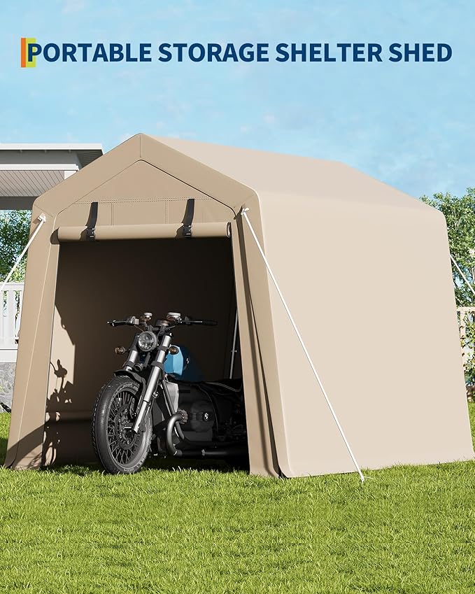 6x6 Ft Carport Heavy Duty Tent with Roll-Up Windows, Portable Garage with Removable Sidewalls & Doors, Car Canopy All-Season Tarp for Car Boat Truck Motorcycle, Khaki