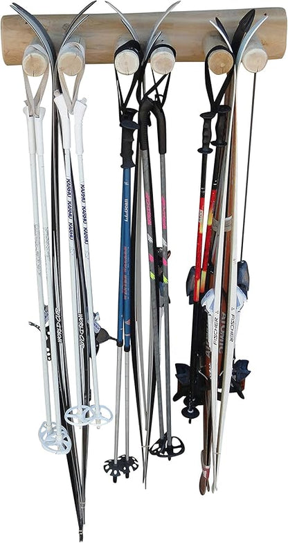 6-Place Log Ski Rack Wall Mount, Indoor Ski Storage Rack for Garage Organizers, Wooden Skis Wall Mount Storage Racks, Pole Skis Sports Racks, Garage Organization Walls - Unfinished