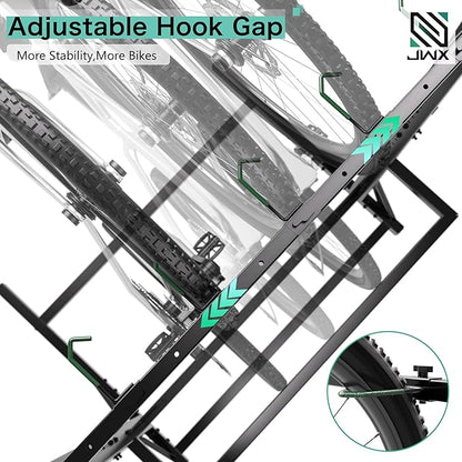 JWX Freestanding 5 Bike Rack, Heavy Duty Floor Bike Stand with Triangle Support Panels, Adjustable Rubber-Coated Hooks, Gear Accessory Holders, Easy Assembly