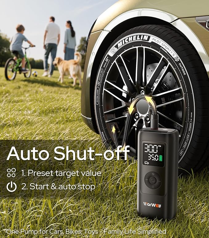 WARWOLF 160PSI Tire Inflator Portable Air Compressor - 48LPM Fast Air Pump for Car Tires: SUV, Light Truck, Motorcycle, Bike, 10000mAh with Auto Shut-Off, Digital Gauge, 12V Car Adapter, LED Light