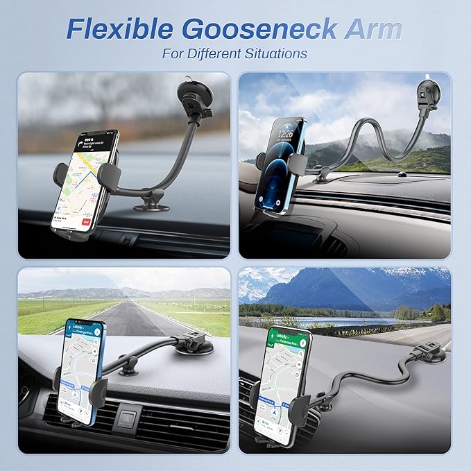 OQTIQ 13" Gooseneck Car Phone Mount – Windshield & Dashboard Holder with Strong Suction Cup, Anti-Shake Stabilizer, One-Button Release – Compatible with iPhone 16/15/14 and All Smartphones