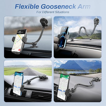 OQTIQ 13" Gooseneck Car Phone Mount – Windshield & Dashboard Holder with Strong Suction Cup, Anti-Shake Stabilizer, One-Button Release – Compatible with iPhone 16/15/14 and All Smartphones