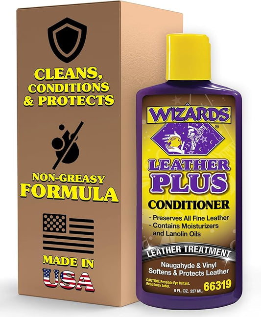 Wizards Leather Plus Leather Conditioner - Moisturizing Car Leather Seat Cleaner and Conditioner - Cleans, Conditions and Protects Leather, Naugahyde and Vinyl Car Accessories - 8 oz - Made in USA