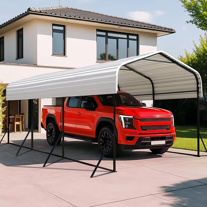 10x15 Metal Carport with Base Fixings Heavy Duty Garage Outdoor Chrome Plated Frame and Sheet Metal Construction Suitable for Boats, Cars, Tractors and Agricultural Equipment, White