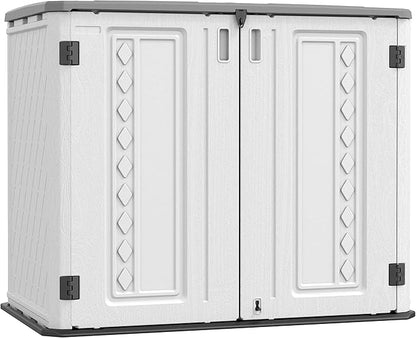 ADDOK Horizontal Storage Shed Outdoor with Floor, 27 Cu Ft Capacity Plastic Storage Shed with Lockable Double Doors, All-Weather Condition Use for Patio, Backyard, Lawn and Garden, White