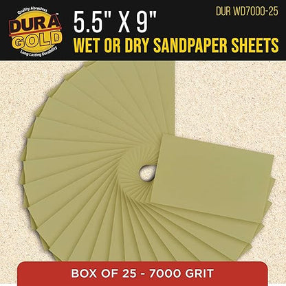 Dura-Gold Premium 7000 Grit Wet or Dry Sandpaper Sheets, 5-1/2" x 9", Box of 25 - Auto Car Color Sanding Detailing, Polishing Wood, Plastic, Glass, Epoxy, Stone, Metal Finishing Hand Sand Block Sander